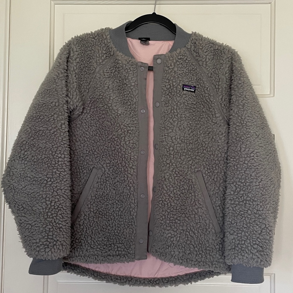 Patagonia Light Gray Sherpa Snap-Front Jacket Sz 14
